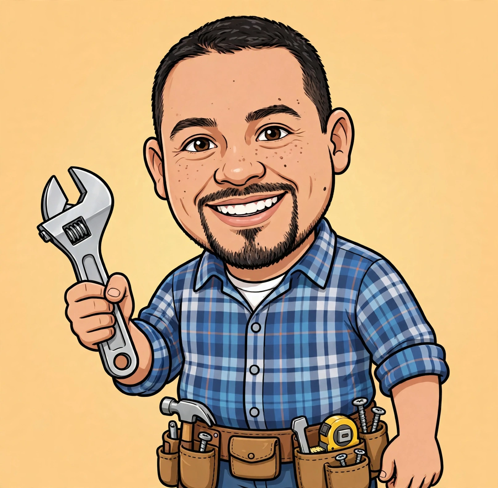 Friendly cartoon handyman in a blue plaid shirt holding a wrench